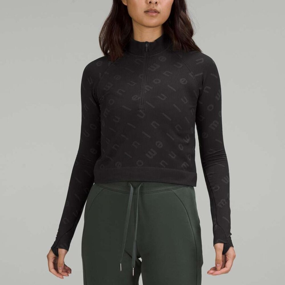 Lululemon Rest Less Cropped Half Zip - Logo Letter Black / Graphite Grey